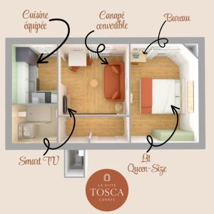 a floor plan of a small apartment with at Suite design - 3 min Palais & Croisette - Central in Cannes
