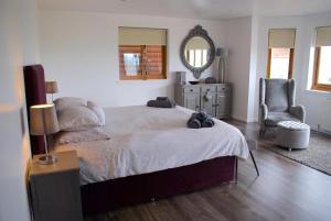 a bedroom with a bed with a mirror and a chair at Auchenhill Lodge in Denny
