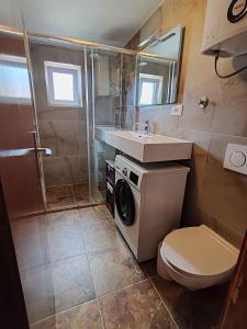 une salle de bain avec toilettes et lavabo et une machine à laver dans l'établissement One-Bedroom Apartment in Vinisce I, à Vinišće 34 autres photos