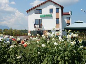 a building with a field of flowers in front of it at Pensiunea Cetatea Craiului in Râşnov
