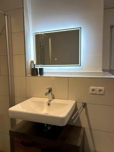 a white sink in a bathroom with a mirror at Nur 9 Min zu Fuß ins Zentrum I Balkon I Netflix in Bruchsal