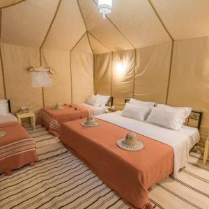 a bedroom with two beds in a tent at Merzouga Exclusive Camp in Merzouga