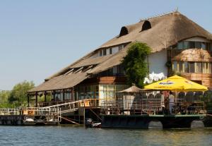 a building with a thatched roof on the water at Pensiunea Paradise Delta House in Fîntîna Dulce