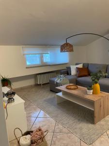 a living room with a blue couch and a table at Atika Appartamento Relax a 10 min da Benevento in Benevento +14 photos