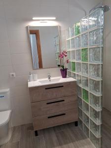 ein Badezimmer mit Waschbecken, Spiegel und Toilette in der Unterkunft Villa Mariola in Playa Blanca