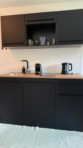 a kitchen with black cabinets and a sink at KREATIVPAUSE Workation in Bayern - Stilvolle Workation-Unterkunft mit Arbeitsplatz & Naturblick in Bayern in Rötz