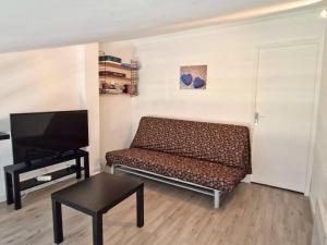 a living room with a couch and a flat screen tv at Duplex 6 pers, animaux admis, balcon sud, Chaillol 1600 - FR-1-393-182 in Saint-Michel-de-Chaillol