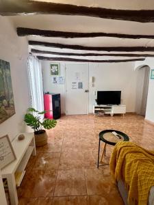 a living room with a couch and a tv at Tranquilo apto ideal paraTurismo Rural y Relax in Gandesa
