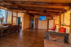 a living room with a table and chairs and a television at Cabana Oul Arsitei in Pleşi