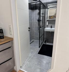 a bathroom with a shower and a sink at Seewinkelruh in Frauenkirchen