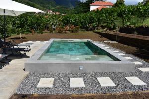 a swimming pool in the middle of a garden at Casa do Bago in São Vicente