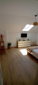 a bedroom with a bed and a television in it at Vila Onur Techirghiol in Techirghiol
