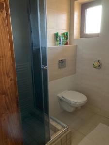 a bathroom with a toilet and a glass shower at Izba s výhľadom na Tatry in Poprad