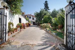 a cobblestone street with a gate and potted plants at Casa Vacanza Le Primavere in Sasso di Bordighera