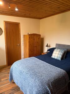 a bedroom with a blue bed and a wooden ceiling at Sea View B & B in Ulsta