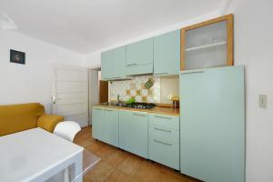 a kitchen with blue cabinets and a refrigerator at Appartamenti I Profumi del Bosco in San Pietro di Cadore