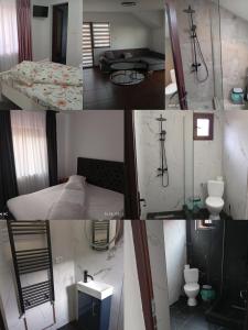 a collage of four pictures of a room at Casa Drăgan in Novaci