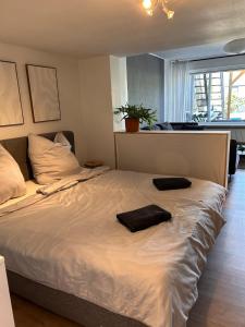 En eller flere senge i et værelse på Seenahe Wohnung mit Gemeinschaftsgarten und -pool