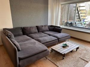 a living room with a brown couch and a coffee table at Seenahe Wohnung mit Gemeinschaftsgarten und -pool in Essen +4 photos