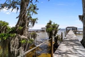 a wooden pathway leading into the water with trees at Lake Escape - Lake Waccamaw home in Lake Waccamaw