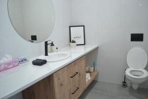 a bathroom with a sink and a toilet with a mirror at The Starling Room in East London +5 photos