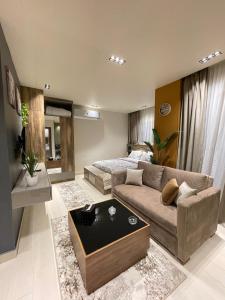 10月6日市にあるLuxury Studio House 392-1のソファとベッドのあるリビングルーム