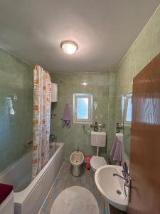 une salle de bains avec baignoire, lavabo et toilettes dans l'établissement Apartman Ramiza, à Jadranovo 20 autres photos