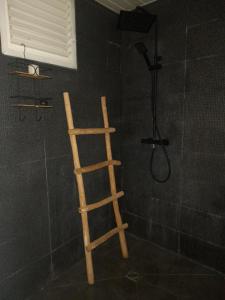 a wooden ladder in a bathroom with a shower at Le Maracuja Parenthèse tropicale & jacuzzi privé in Sainte-Anne