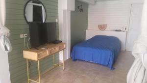 a bedroom with a bed and a dresser with a mirror at Le Maracuja Parenthèse tropicale & jacuzzi privé in Sainte-Anne