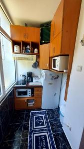 a small kitchen with wooden cabinets and a refrigerator at Studio Olimp Black Sea in Olimp