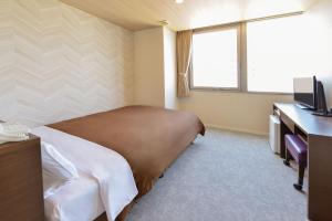 a bedroom with a bed and a desk and a television at Hotel New Gaea Domemae in Fukuoka