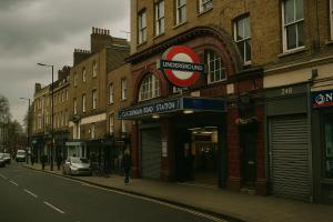 a building with a sign on the side of a street at 2 Bedroom Flat - 2 Bath - 15 min Camden Town in London