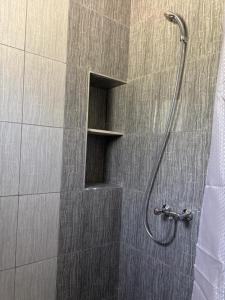 a shower with a shelf in a shower stall at Résidence Molka Yasmine Hammamet in Hammamet +6 photos
