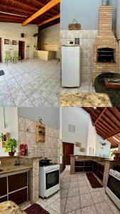 eine Collage aus Fotos einer Küche mit Kühlschrank in der Unterkunft Área de Lazer Sertãozinho in Sertãozinho
