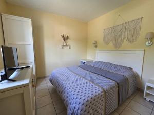 a bedroom with a bed and a desk and a television at Appartement terrasse, piscines, wi-fi, résidence face mer in Les Sables-dʼOlonne +2 photos