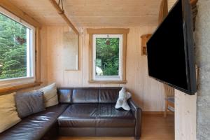a living room with a leather couch and a flat screen tv at Haus Traumblick und Alpenzauber in Lennestadt