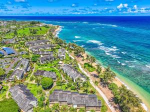 an aerial view of a beach with houses and the ocean at Islander on the Beach 323 in Kapaa