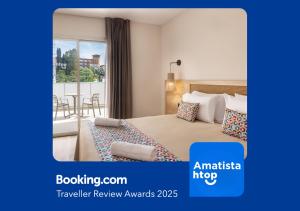 a hotel room with a bed and a balcony at htop Amatista #htopBliss in Lloret de Mar