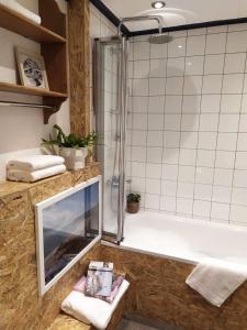 a bathroom with a shower and a bath tub at Farmhand Cottage in Narberth