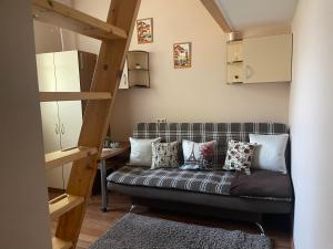a living room with a couch with pillows at Pas Jūrate Villa Hubertus in Juodkrantė