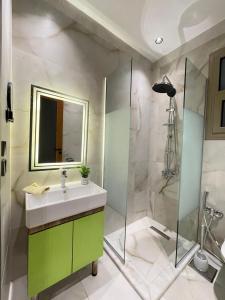 a bathroom with a sink and a shower with a mirror at Luxury Studio House 392-2 in 6th Of October