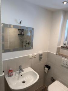 a bathroom with a sink and a toilet and a mirror at Stilvolle Wohnung im Erdgeschoss in Kolbermoor +8 photos