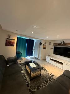 ein Wohnzimmer mit Sofa und Flachbildfernseher in der Unterkunft Stilvolle Wohnung im Erdgeschoss in Kolbermoor