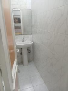 エル・アラメインにあるChalet2 A1 ground floor sea view with 2 terraces 114 Green Beachの洗面台と鏡のある白いバスルーム