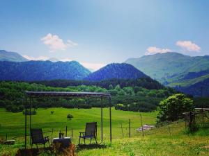 two chairs sitting in a field with mountains in the background at Nadiani Hostel in Omalo