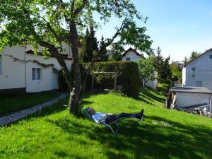 a statue of a man laying in the grass next to a tree at Kleines Ferienhaus Mit Garten Und Grill In Garitz in Bad Kissingen +8 photos