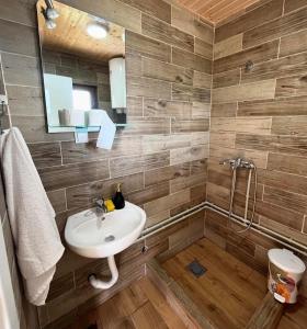 une salle de bain avec un lavabo et un miroir dans l'établissement Bungalovi D&S, à Žabljak 21 autres photos