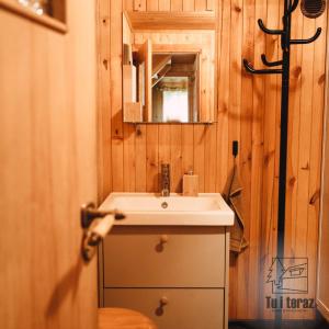 a bathroom with a sink and a mirror at Tu i teraz- Domek wypoczynkowy in Kamienica Królewska