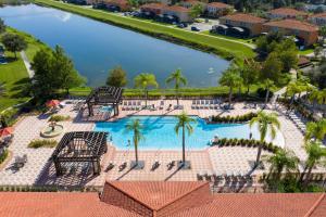 - une vue sur la piscine bordée de palmiers et d'eau dans l'établissement 4BR Lakefront - Themed Rooms - Pool & BBQ!, à Kissimmee