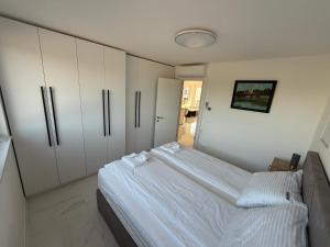 a bedroom with a bed and white cabinets at Apartmen ARMINAN 52 TERRACE, POOL FREE PARKING -NOVIGRAD in Novigrad Istria +16 photos